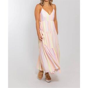 Karlie Pastel Stripe Tiered Midi Dress. Pink and White. Size: Medium.